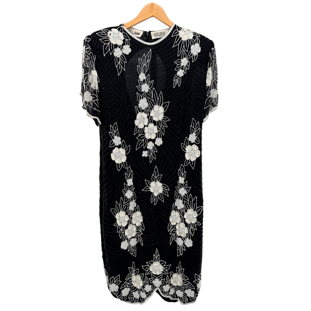 J.K.‎ Laing Vintage Silk Beaded Floral Shift Dress Black White XL Keyhole Back